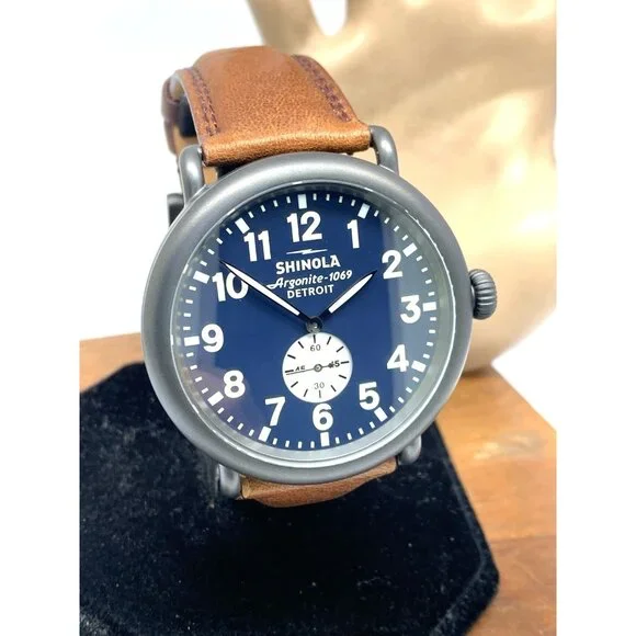 Shinola Men's Watch S0120065287 Runwell Quartz Blue Dial Brown Leather 47mm